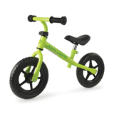 Green balance bike with black handlebars and wheels on a white background
