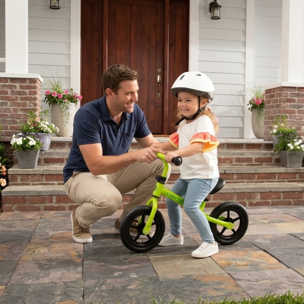 A man crouches beside a young child riding a bright lime green balance bike with black wheels in front of a house porch.