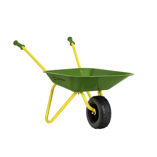A green and yellow wheelbarrow with a black rubber tire, shown on a plain white background. The brand name 'BUNN' is printed on the side of the green metal tray.