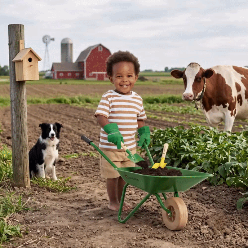 John Deere Kids 5-Piece Metal Wheelbarrow Set -10kg Capacity