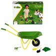 John Deere Kids toy wheelbarrow set with green and yellow plastic wheelbarrow, gardening tools, gloves, and the original retail box on a white background.
