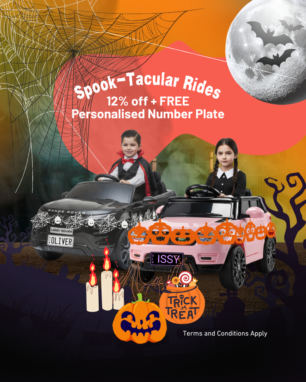 Halloween-themed advertisement with children in costumes, toy cars, and decorative elements.