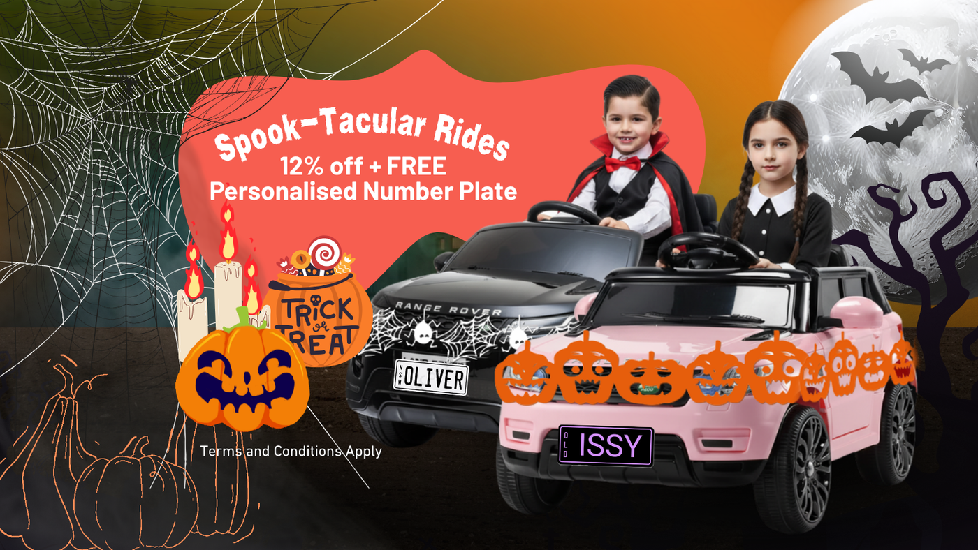 Children in Halloween costumes with toy cars on a promotional banner for 'Spook-Tacular Rides'.