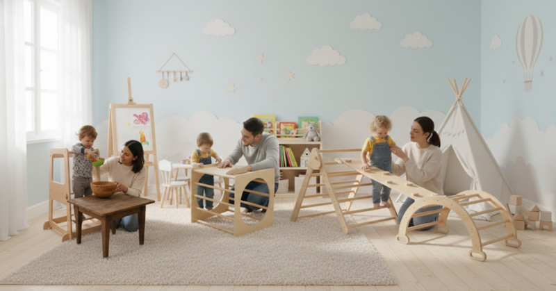 Children playing in a room with wooden toys