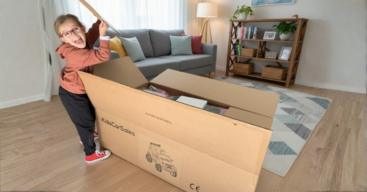 Child playing with a cardboard box in a living room