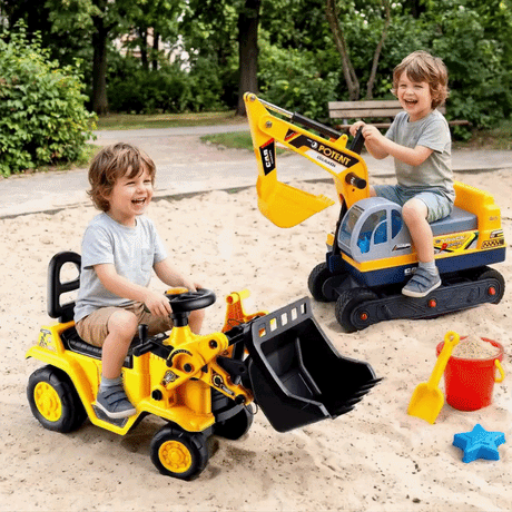 Keezi Kids Push-Along Ride-On Digger & Bulldozer Set with Helmet – Yellow