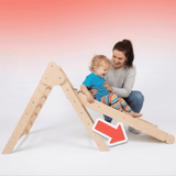 These images demonstrate the multi-functional design of a wooden toddler gym, featuring a double-sided panel that serves as both a slide and a rock-climbing ramp, alongside a climbing arch that can be flipped over to become a cushioned rocker.