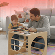 These images showcase a versatile, wooden Montessori-style play structure designed for both tabletop activities and crawl-through exploration for toddlers.