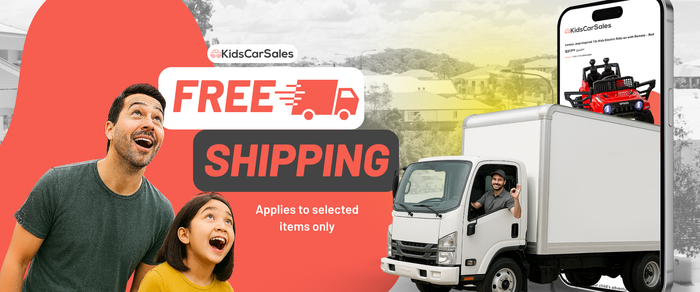 Promotional banner for KidsCarSales with free shipping offer, truck, and smartphone displaying the app.