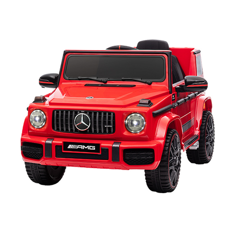 Red Mercedes-Benz AMG G-Class kids' ride-on car with detailed grille, headlights, and realistic design elements