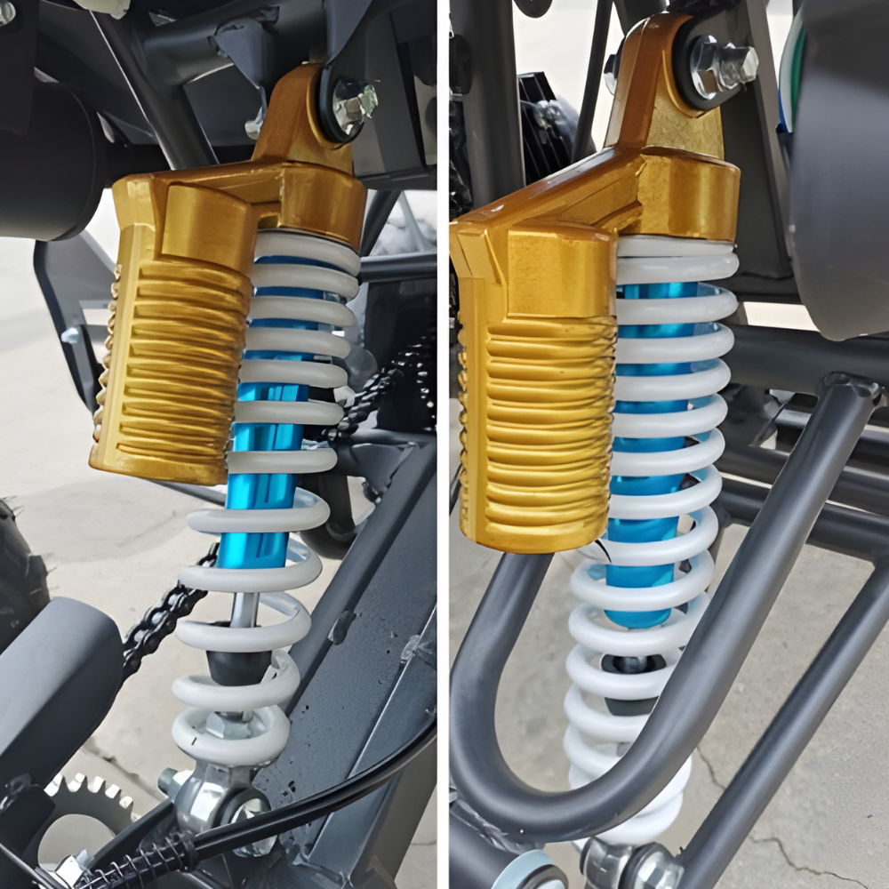 Close-up of motorcycle suspension system with gold shock absorbers and blue springs.