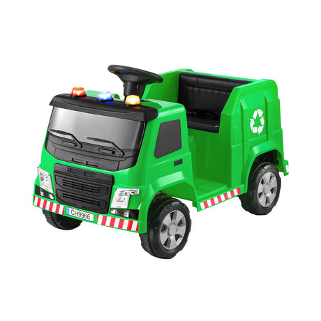 Side view of the green toy recycling truck showcasing its detailed exterior and tyres.