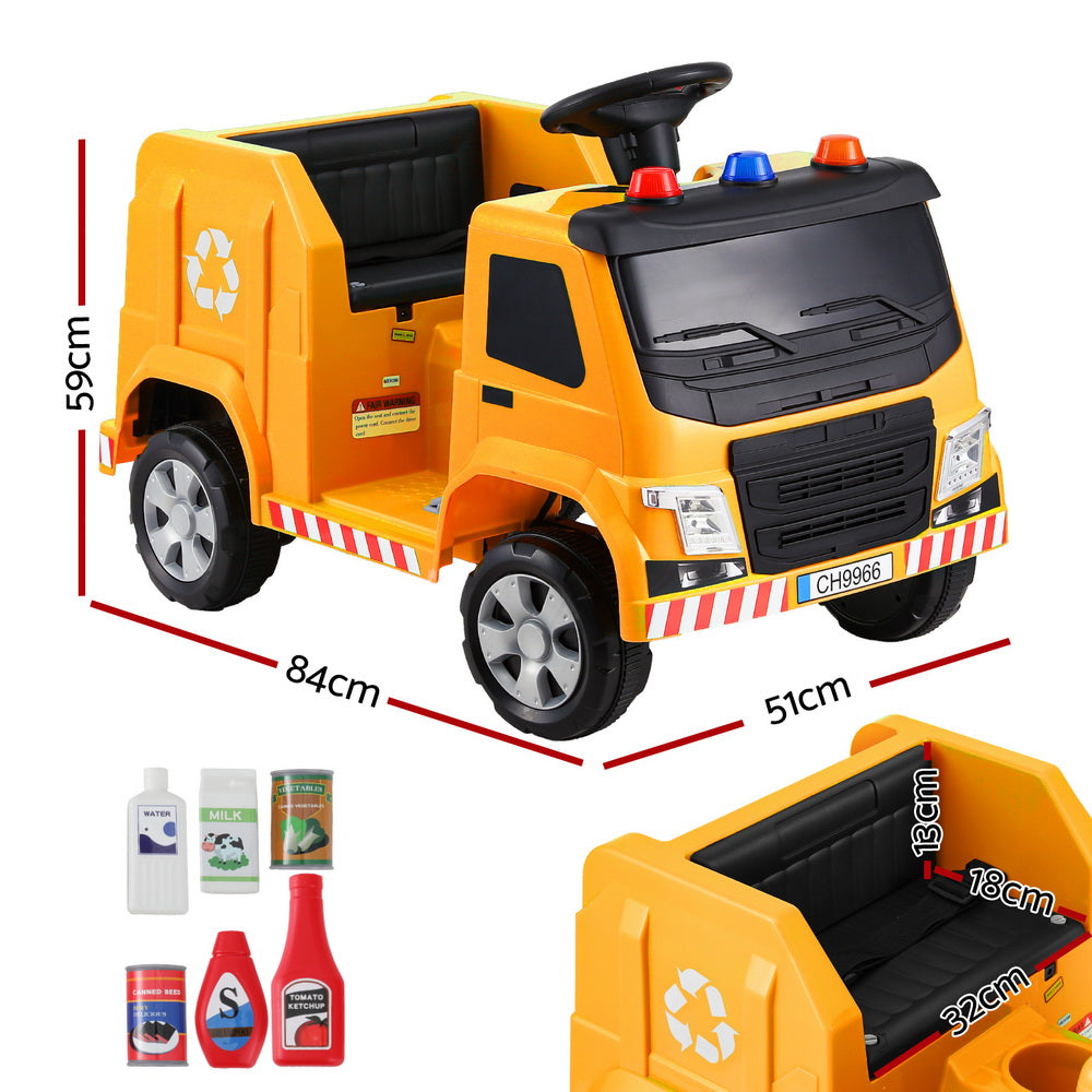 Side View with Accessories: A side perspective of the truck accompanied by images of the included accessories or features, such as pretend fuel cans or other items.