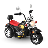 Toy motorcycle with black and red design on a white background