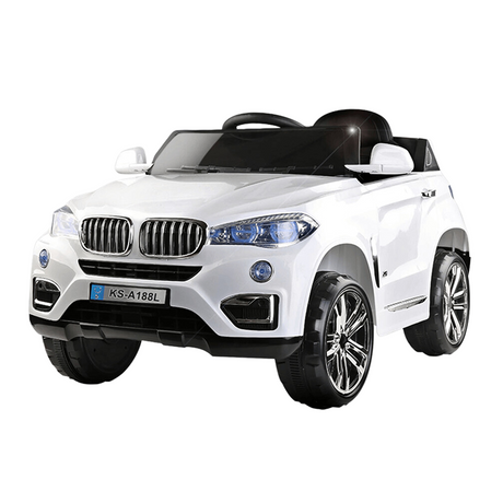 White BMW X5 kids' ride-on car with detailed front grille, headlights, and large wheels, offering a realistic driving experience for children