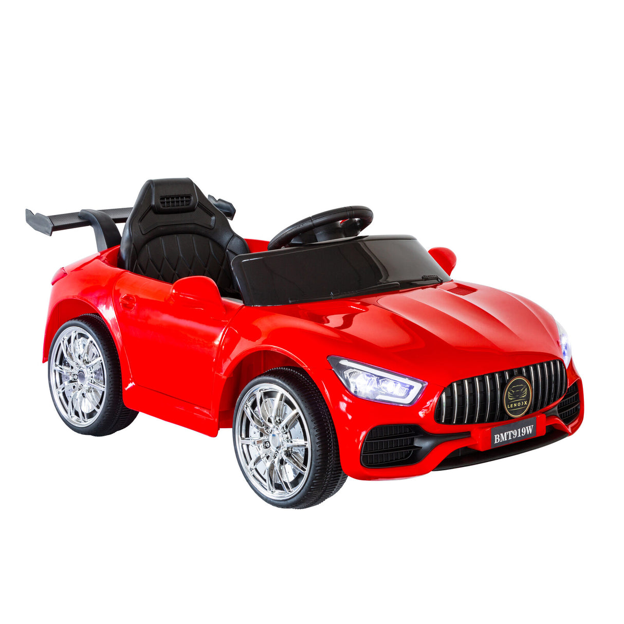 Red ride-on toy car with sleek sports car design and shiny wheels.