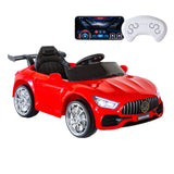 Red ride-on car displayed with its remote control for parental supervision.