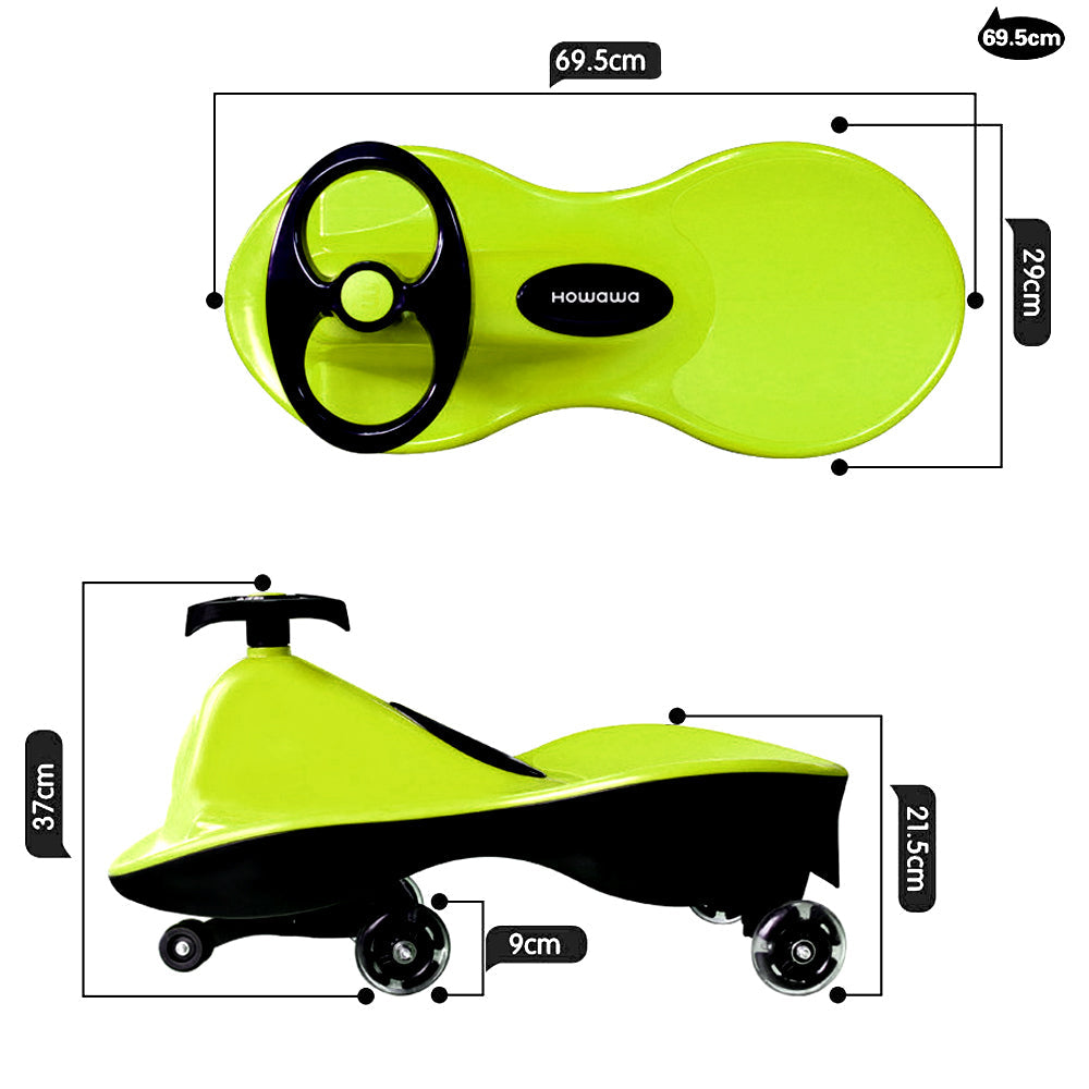 A technical diagram showing the side profile of the ride-on toy, including precise dimensions and design elements for easy reference.