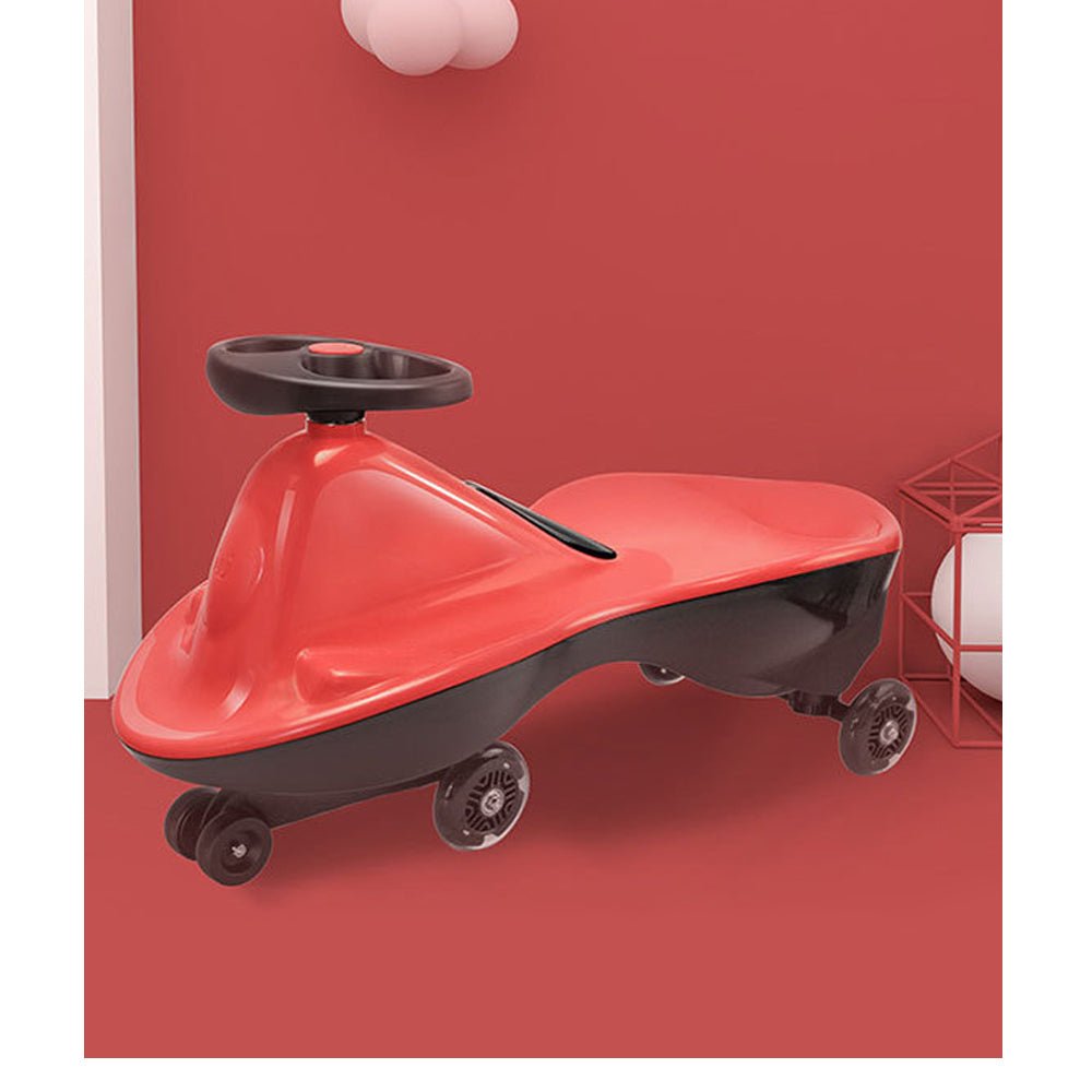 A sleek, angled view of the red ride-on toy, highlighting its contours and attractive design.