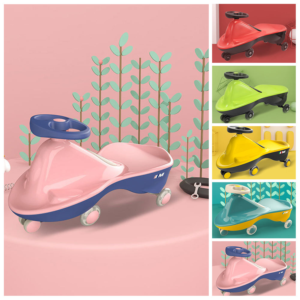 A sleek, angled view of the pink ride-on toy, showcasing its contours and modern design.