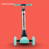 A mint green Yvolution Glider Nua 3-wheel kids scooter shown against a solid red background.