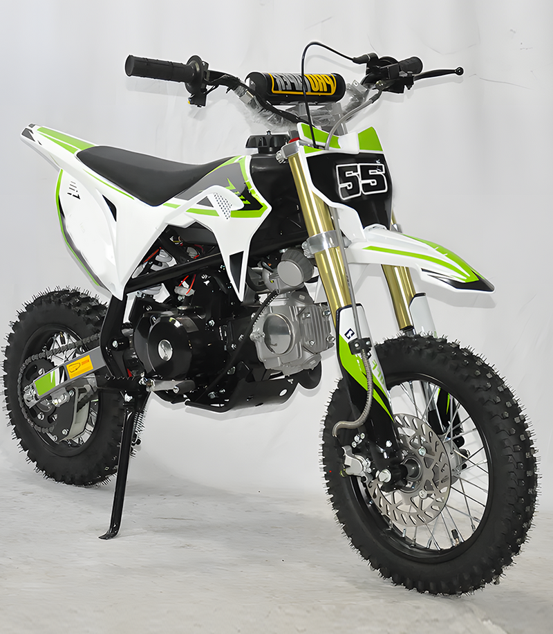 white and green dirt bike with black and yellow accents. The bike features knobby tyres, a number plate with the number "55," and a sturdy frame, designed for off-road riding.