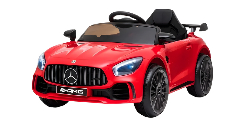 A red Mercedes AMG kids' ride-on car with sleek black wheels and a realistic design