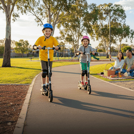 Two kids ride black electric scooters in a park, passing a playground and their waving parents.