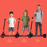Three children standing behind scooters labeled for different age groups on a red background