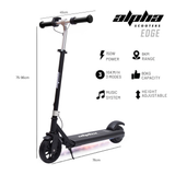 Black scooter with features and specifications on a white background, branded as Alpha Scooters.