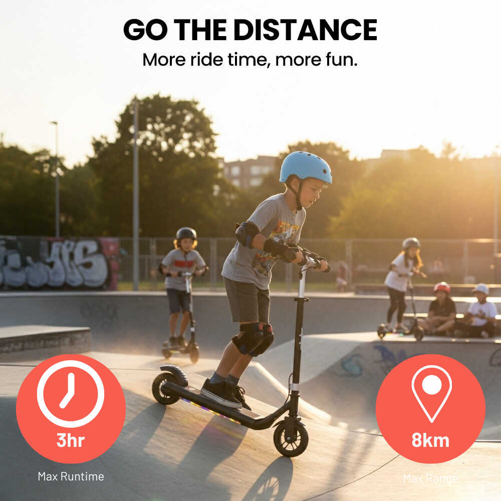 Child riding a scooter at a skate park with text about ride time and distance.