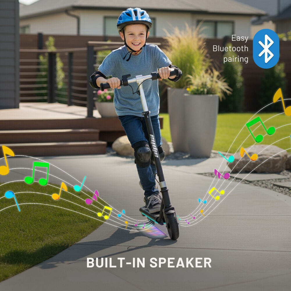 Child riding a scooter with music notes and 'BUILT-IN SPEAKER' text, outdoors.