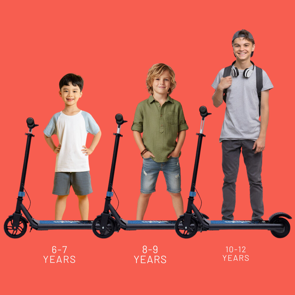 Three children standing behind scooters labeled for different age groups on a red background