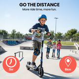 Child riding a scooter at a skate park with text about ride time and range.