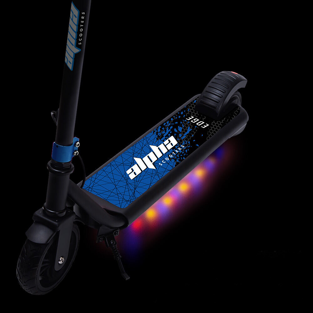 Alpha scooter with blue deck and LED lights on a black background