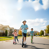 Three children riding scooters on a suburban street with houses and trees in the background.
