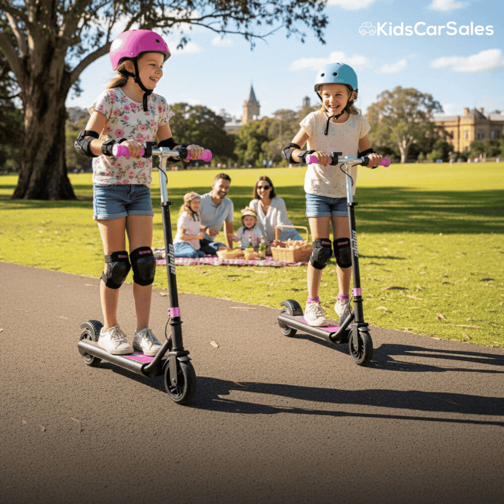 Two girls in safety gear ride electric scooters on a sunny park path, with a family picnicking in the background.