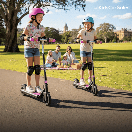 Two girls in safety gear ride electric scooters on a sunny park path, with a family picnicking in the background.