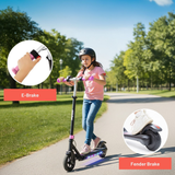 Child riding a scooter with close-ups of e-brake and fender brake features in a park setting.