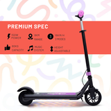 Black electric scooter with pink accents on a colorful background, featuring premium specifications.