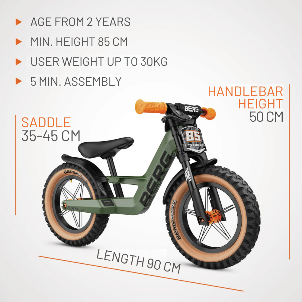 Children's balance bike with specifications on a white background