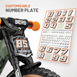 Child's bike with customizable number plate feature and number chart on a white background