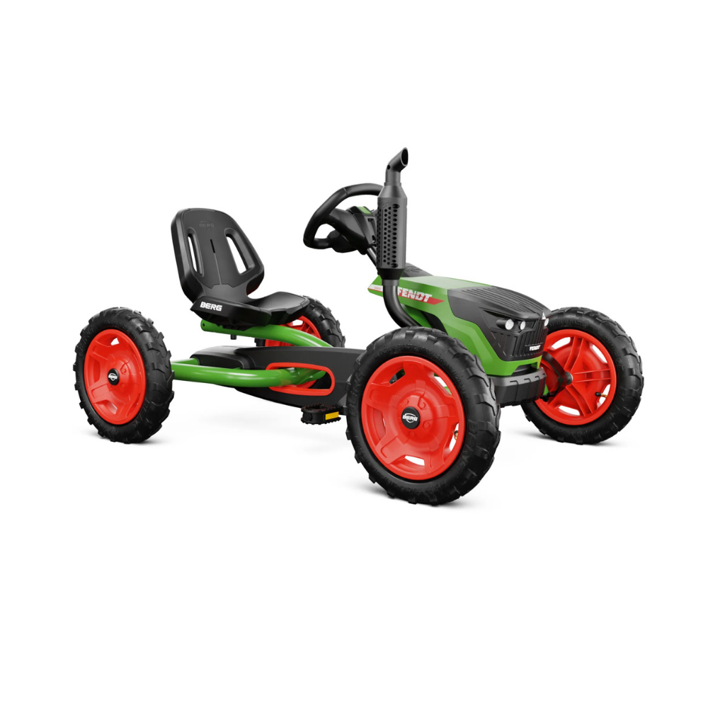 Children's pedal go-kart with red wheels on a white background