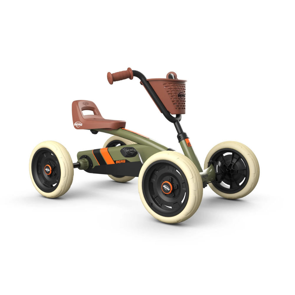 Children's pedal-go-kart with a basket on a white background