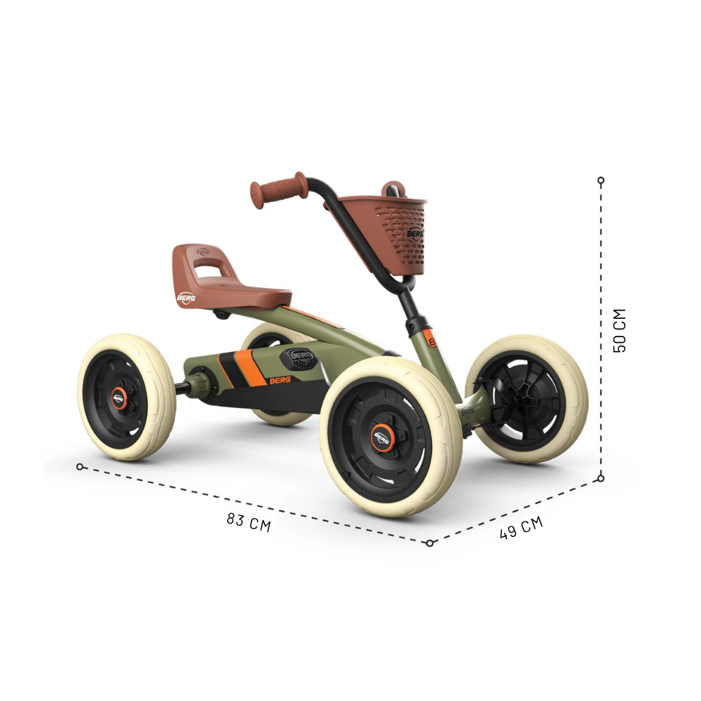Children's green and brown pedal-go-kart with measurements on a white background