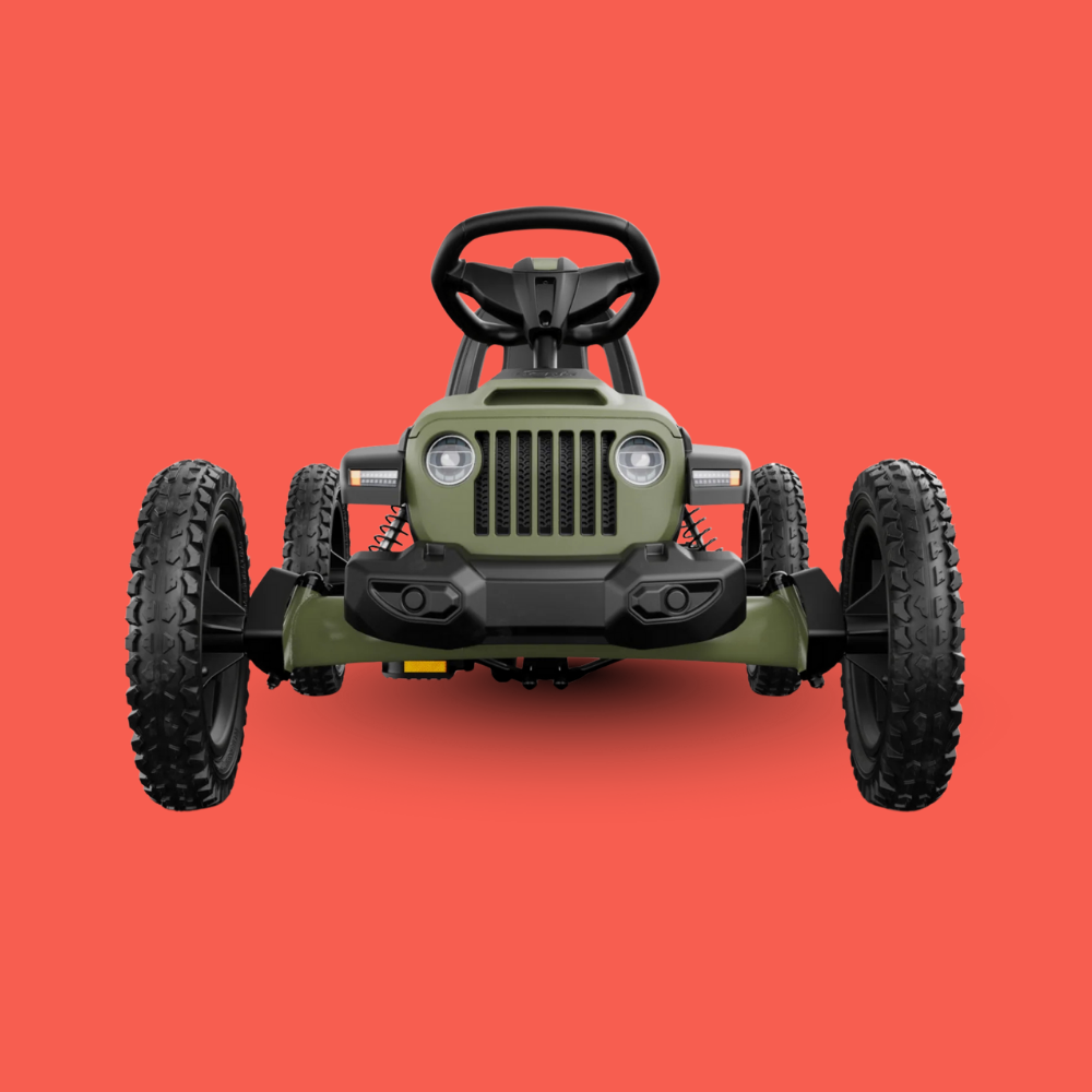 Green toy jeep on a red background