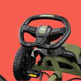 Toy car with a steering wheel on a red background