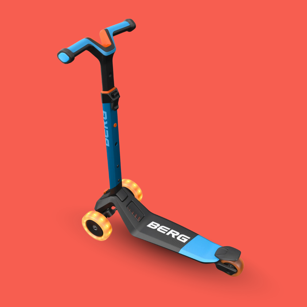 Children's scooter with blue and black design on a red background