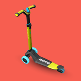 Yellow and black scooter with blue wheels on a red background