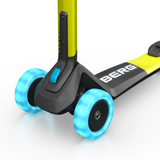 Yellow and black scooter with blue wheels on a white background